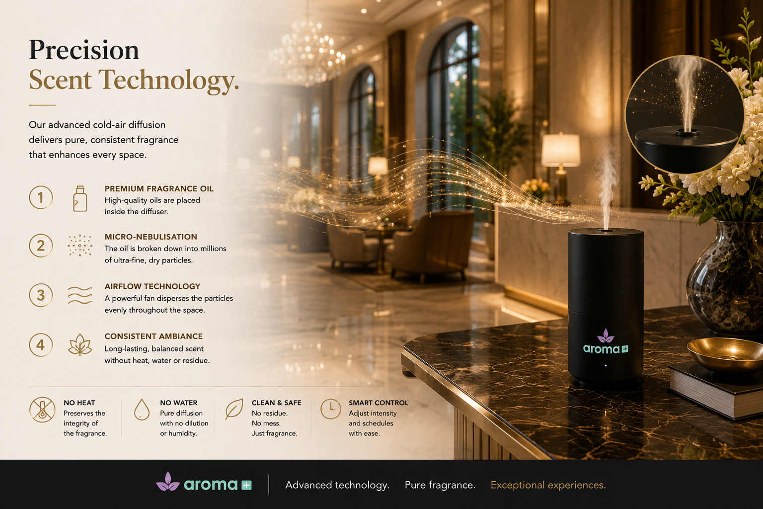 Cold-air diffusion process from fragrance oil to even ambient coverage